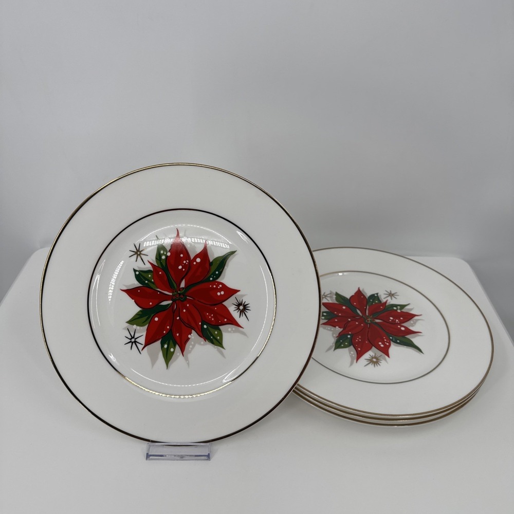 Christmas dishes 4 retired Target Poinsettia Dinner Plates With  24K Gold Rim